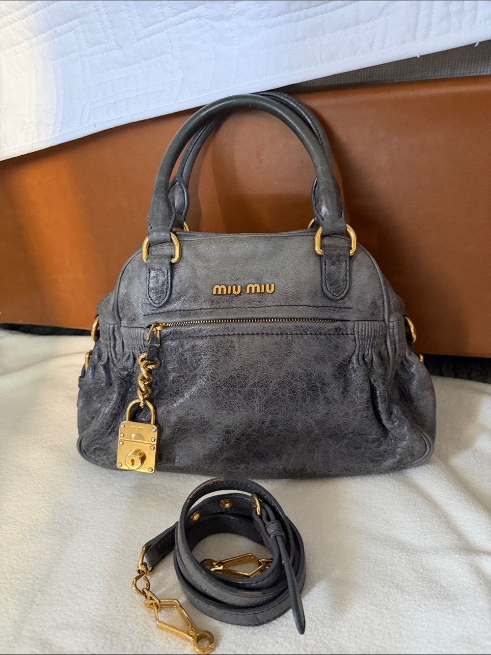 Miu Miu Dark Gray Leather Top-Handle Satchel with Gold Hardware